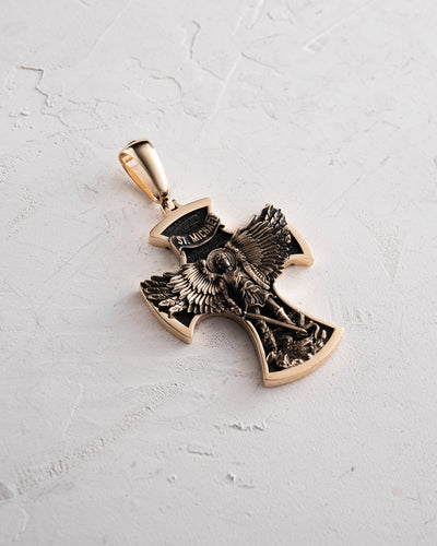Cruce din aur galben de 14k ST. ARCHANGEL MICHAEL — imaginea 3