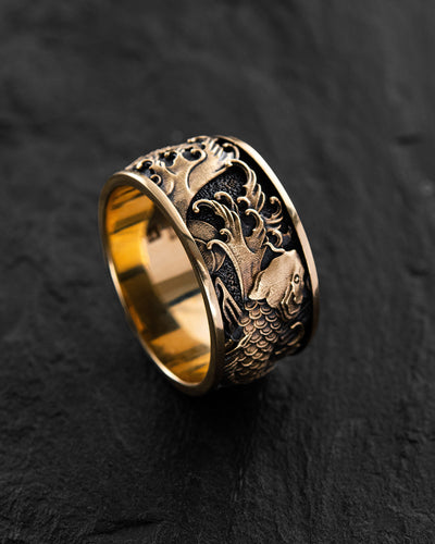 Ring JAPANESE KOI CARPS AND WAVES (14k yellow gold)