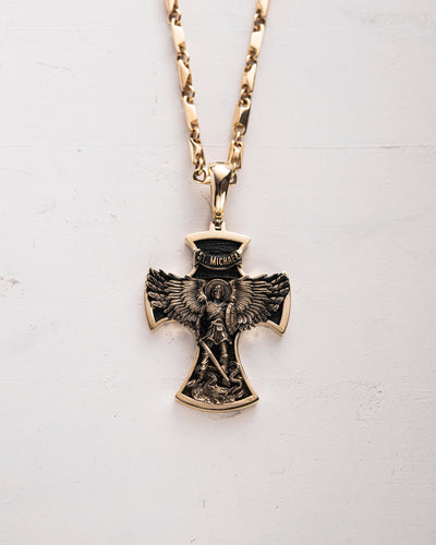 Cruce din aur galben de 14k ST. ARCHANGEL MICHAEL