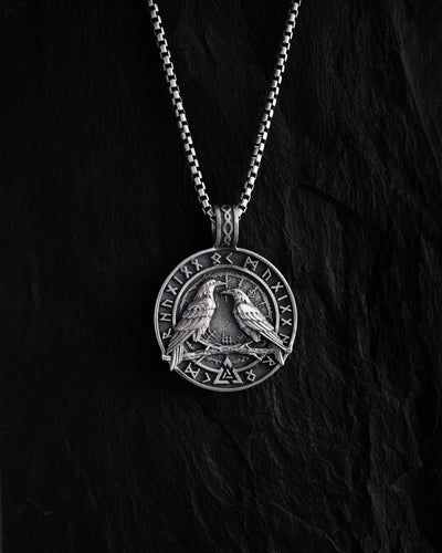 Silver pendant ODIN'S RAVENS. RUNES. VALKNUT