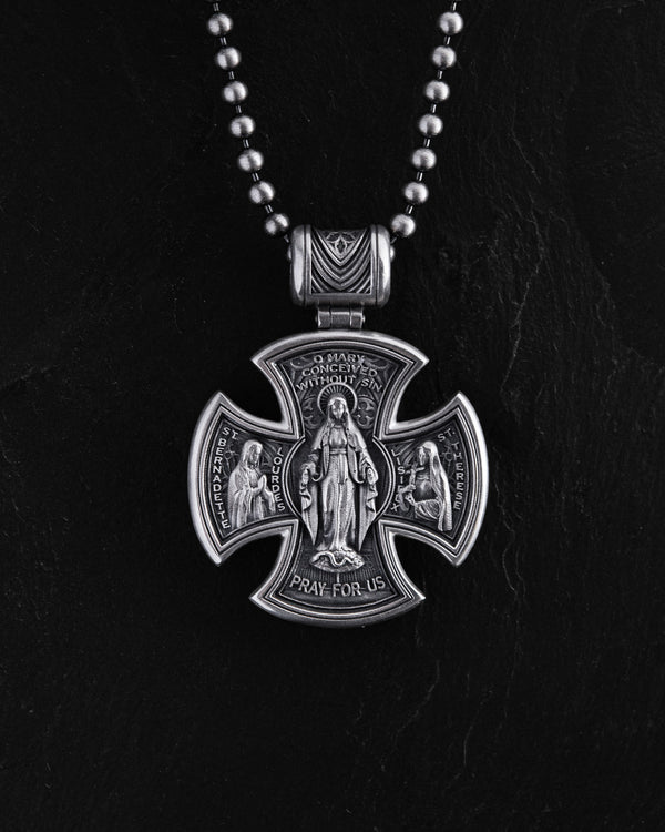 Silver cross JESUS CHRIST. SAINT MARY, PRAY FOR US