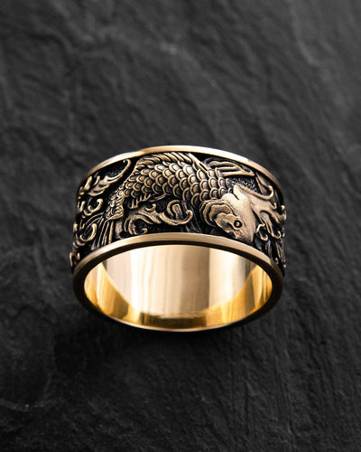 Ring JAPANESE KOI CARPS AND WAVES (14k yellow gold)