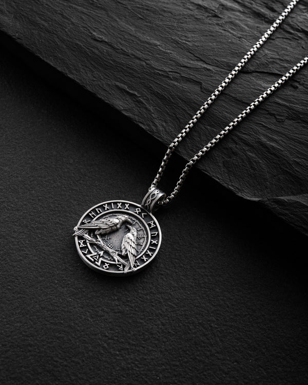 Silver pendant ODIN'S RAVENS. RUNES. VALKNUT