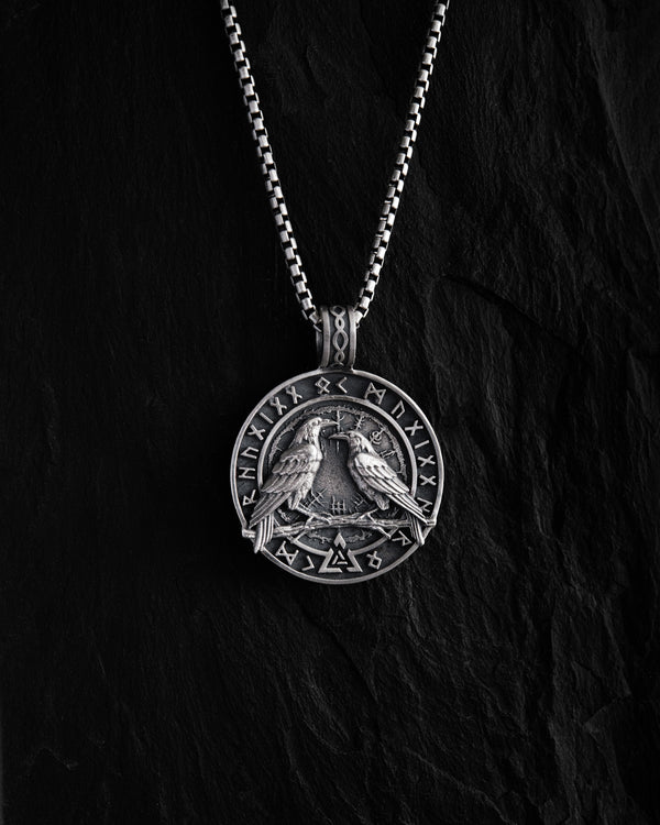 Silver pendant ODIN'S RAVENS. RUNES. VALKNUT