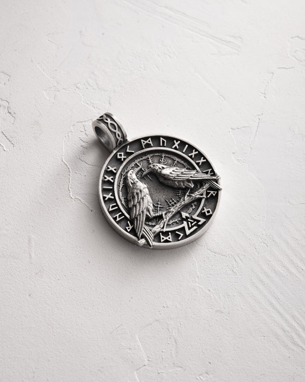Silver pendant ODIN'S RAVENS. RUNES. VALKNUT