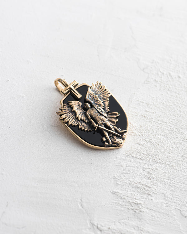 Pendant ARCHANGEL MICHAEL (14k yellow gold, onyx)