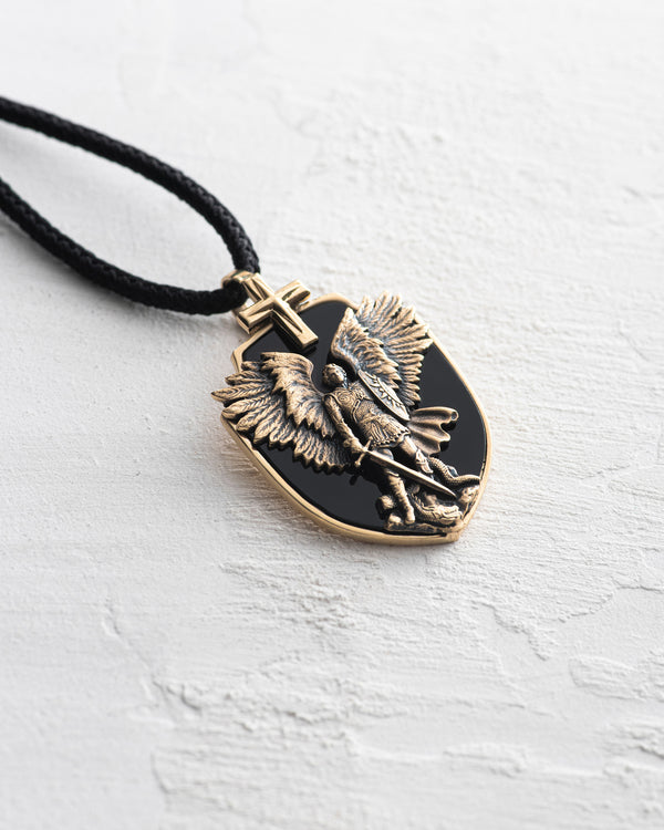 Pendant ARCHANGEL MICHAEL (14k yellow gold, onyx)