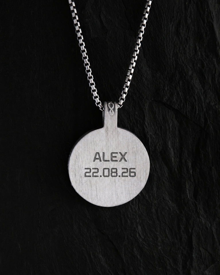 ODIN'S RAVENS pendant engraving example: neutral name ALEX and date