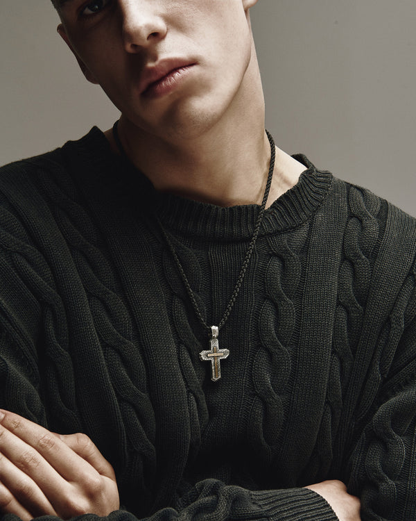 Silver cross CALVARY CROSS. IN GOD WE TRUST (inset of yellow gold 18k)
